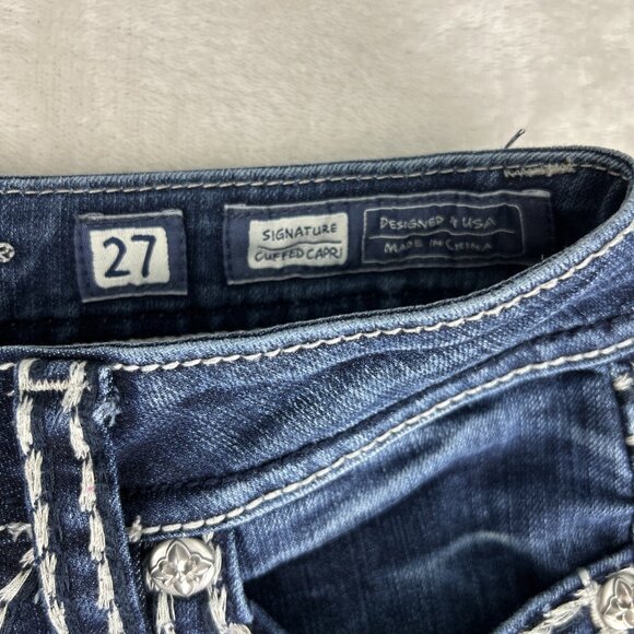 Miss Me Jeans Womens 27 Signature Cuffed Capri Embroidered Thick Stitch Bling - Picture 3 of 14